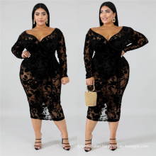 C3969 2019 sexy fashion plus size women clothing  lady  deep V  bodycon long sleeve see through lace dress V neck